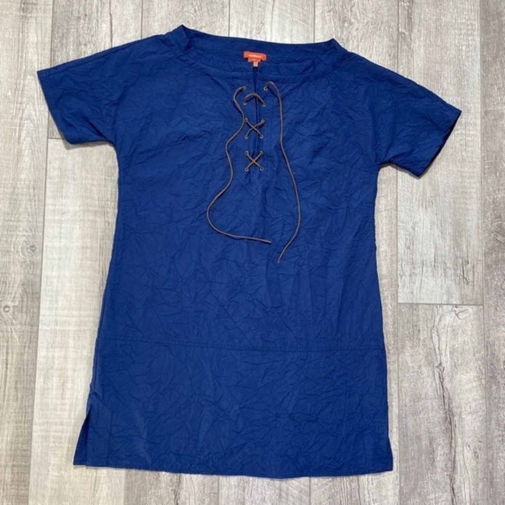 Sundance Catalog Large Dress Navy Blue‎ Leather Lace Tie Neckline